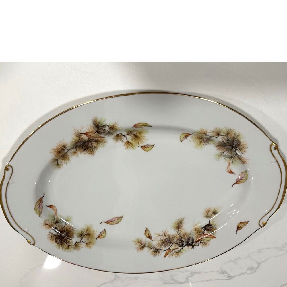 VINTAGE Fuji China Autumn 16.5" Oval Serving Platter Pine Cone Gold Trim Japan